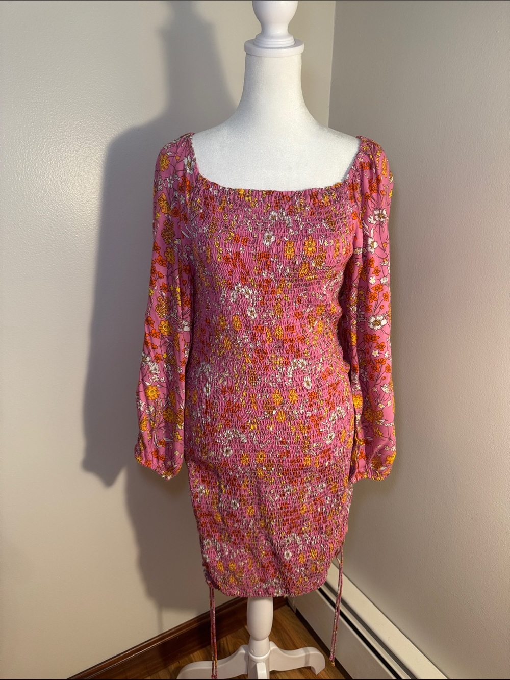 Pink Floral Smocked Long-Sleeve Mini Dress